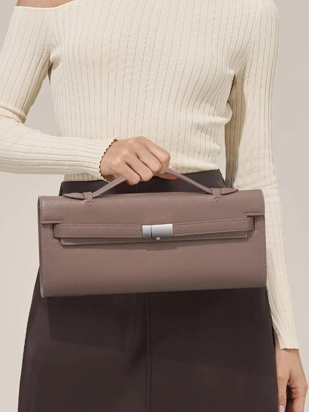 👜Women's Taupe PU Leather Top Handle Bag Evening Clutch Purse Party Wedding